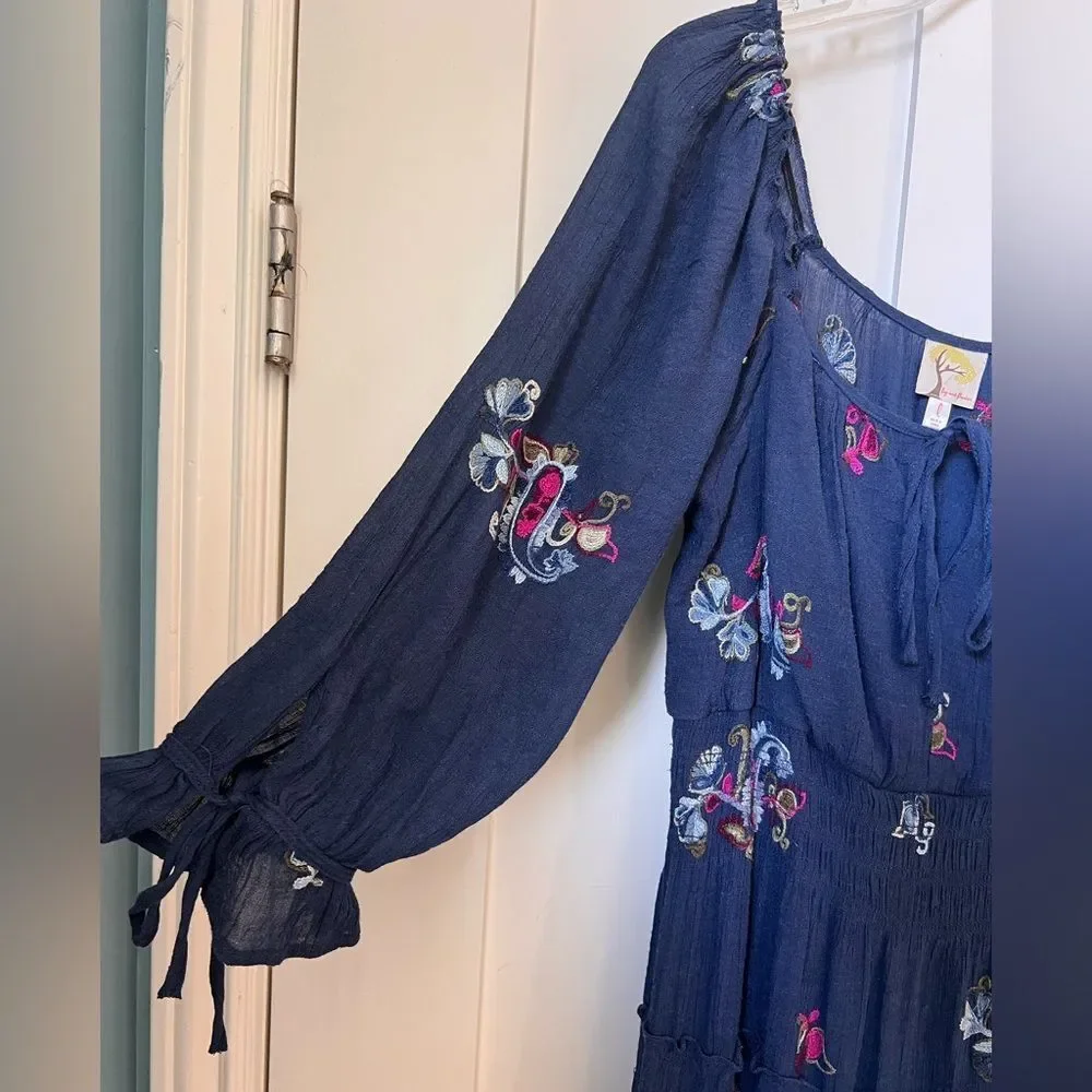 Fig and Flower Blue Embroidered Floral Tiered Modern Boho Maxi Peasant Dress L